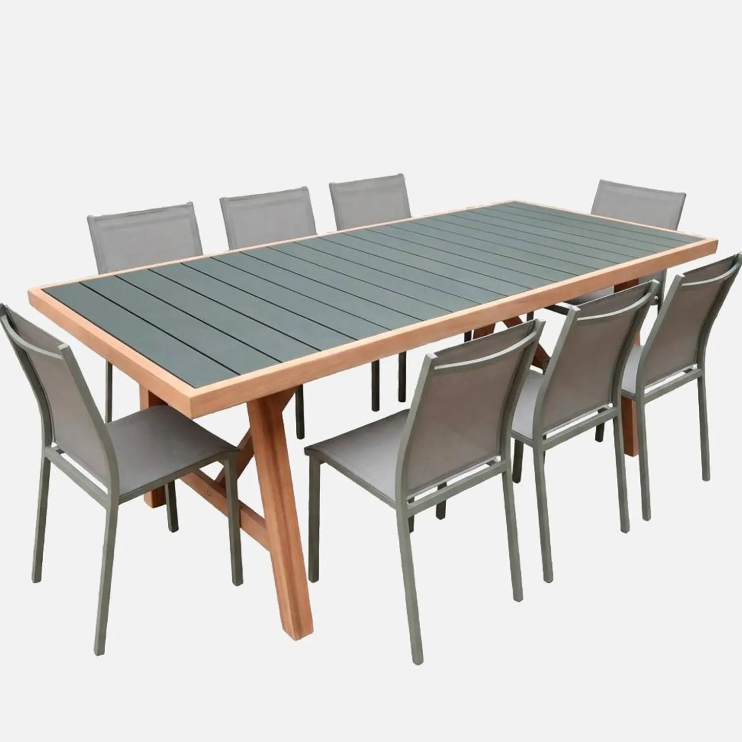 Acacia wood and aluminium garden table + 8 chairs