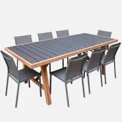 Acacia wood and aluminium garden table + 8 chairs