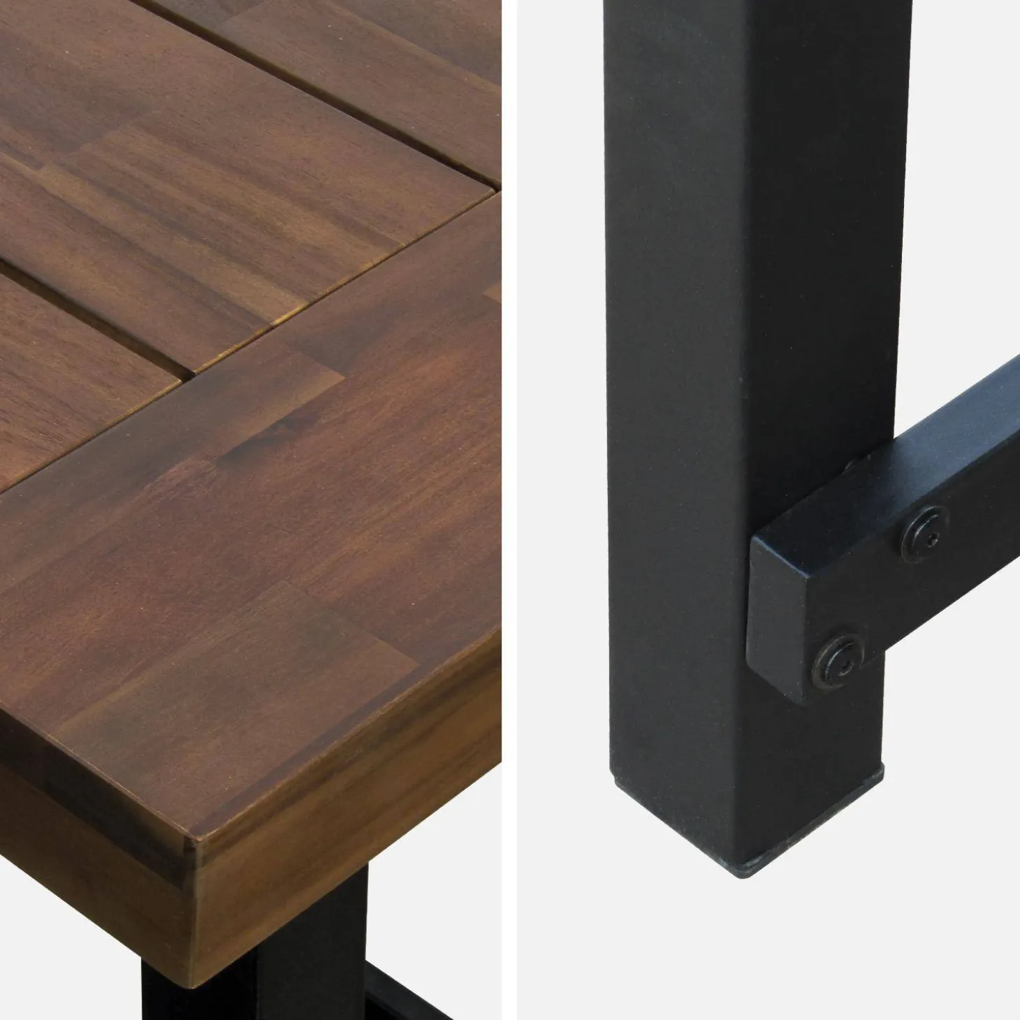 Acacia wood and steel table, indoor/outdoor