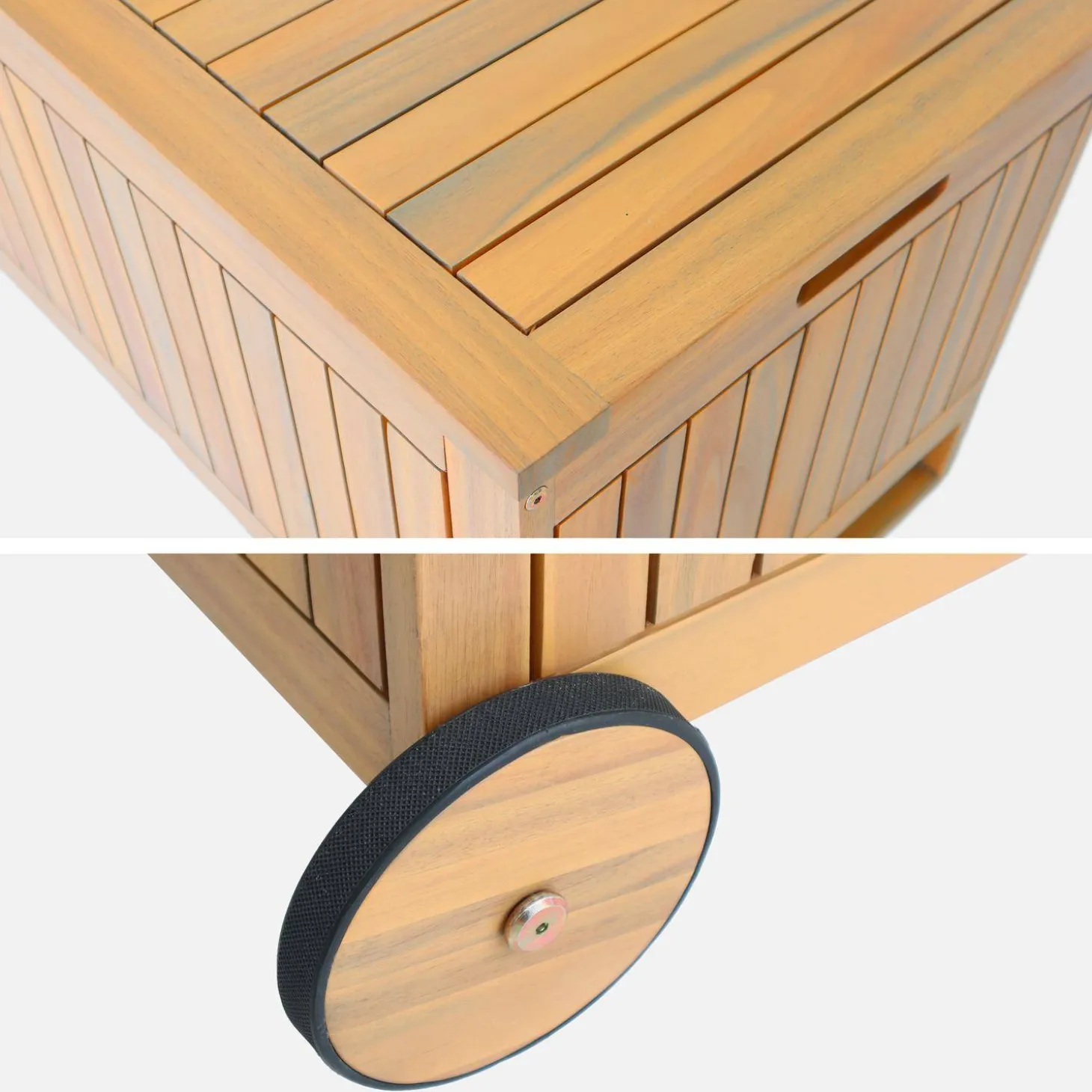 Acacia wood garden chest with wheels 119L