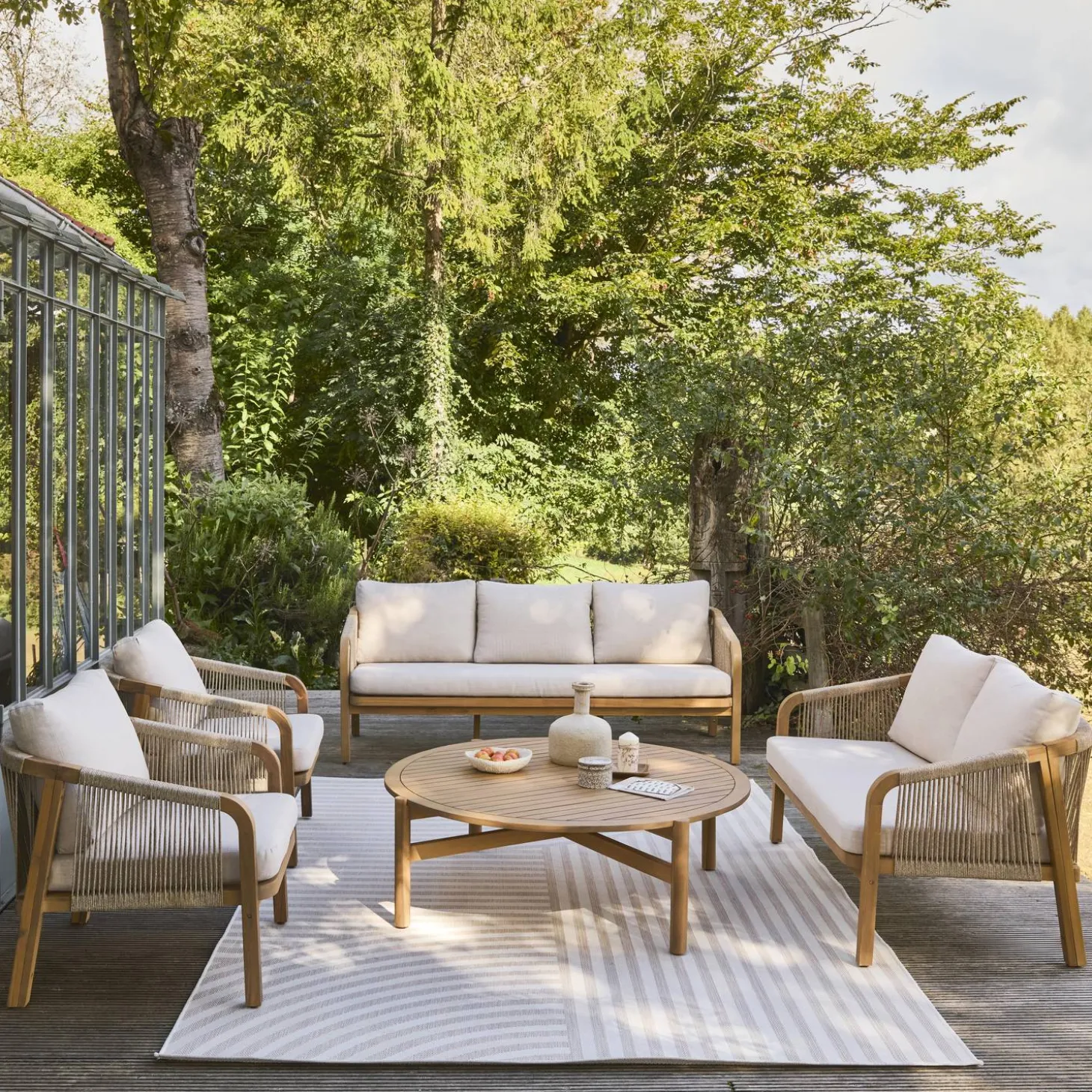Acacia wood garden lounge set with ropes 7-seater