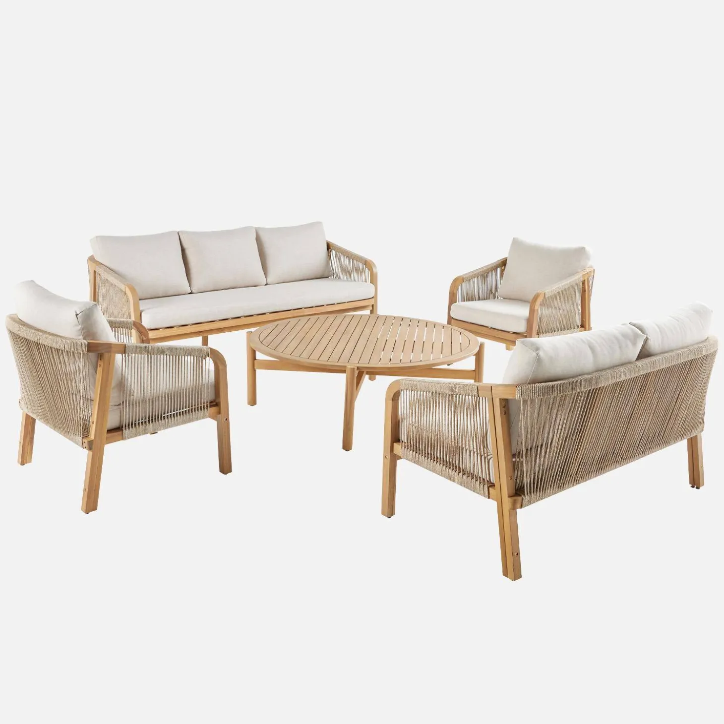 Acacia wood garden lounge set with ropes 7-seater