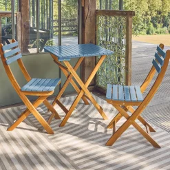 Acacia wood garden table, 2 folding chairs