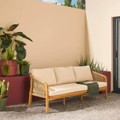 Acacia Wood 3-Seater Outdoor Sofa with Ropes and Fabric cushions