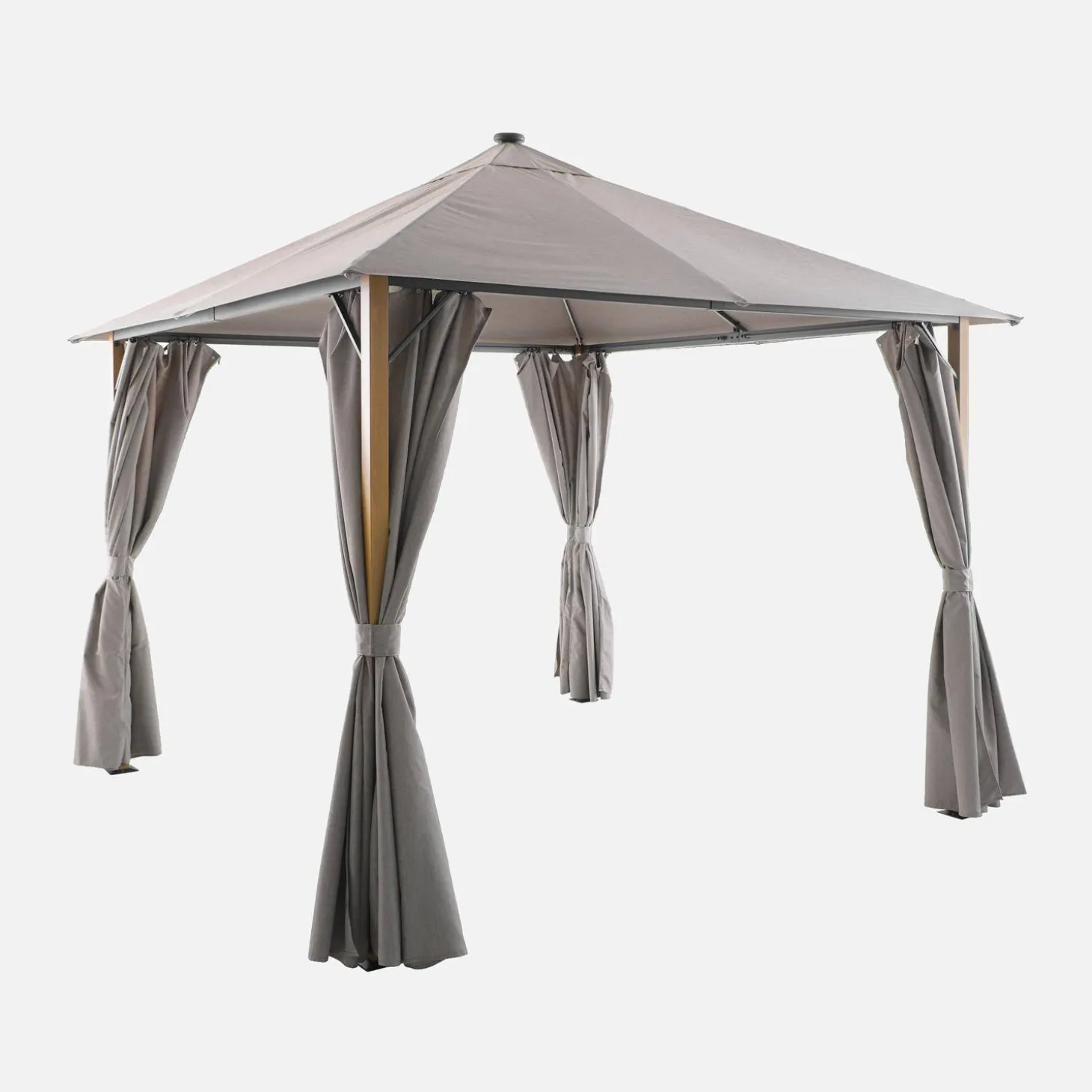 Aluminum gazebo 3x3m with wood effect, curtains, and LED