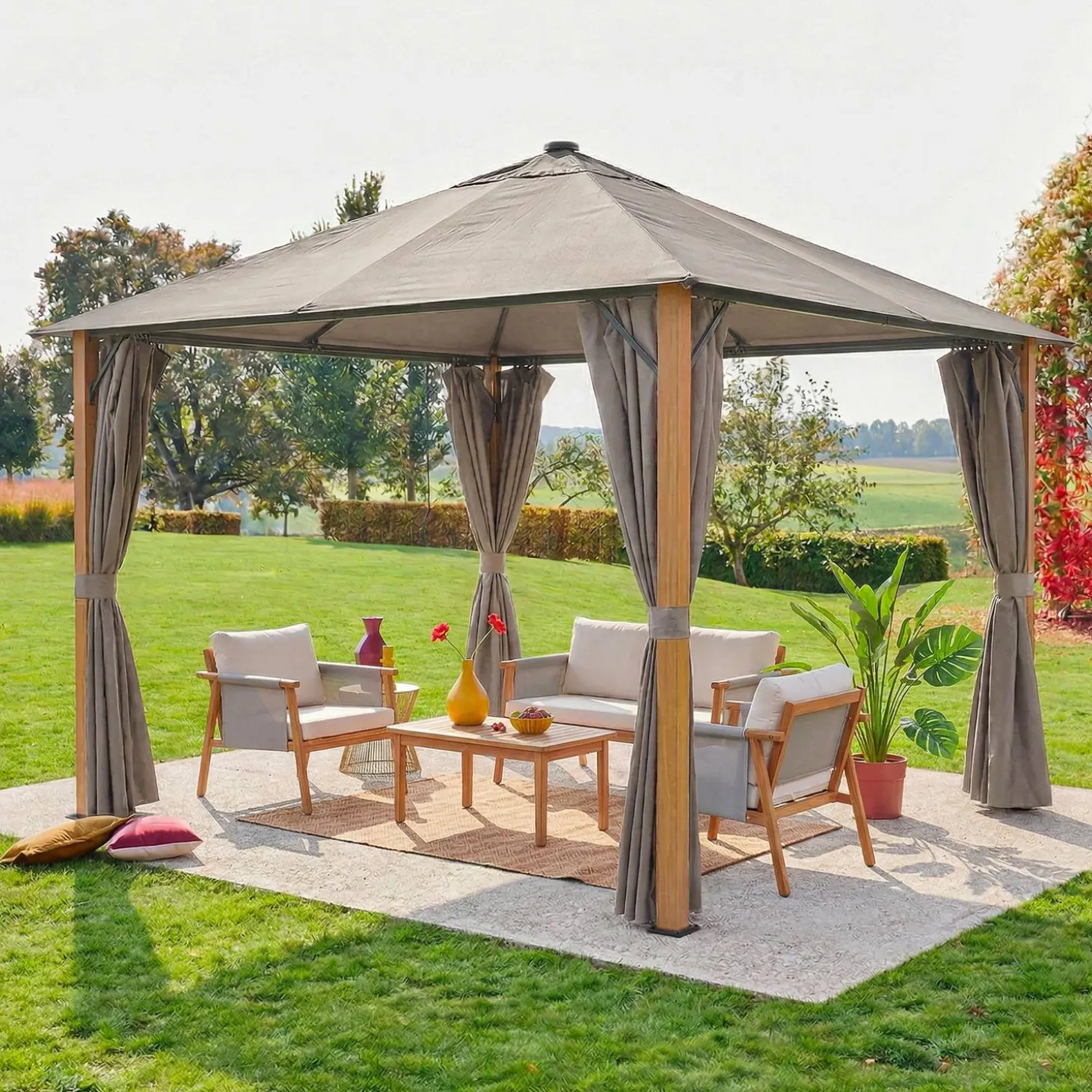 Aluminum gazebo 3x3m with wood effect, curtains, and LED