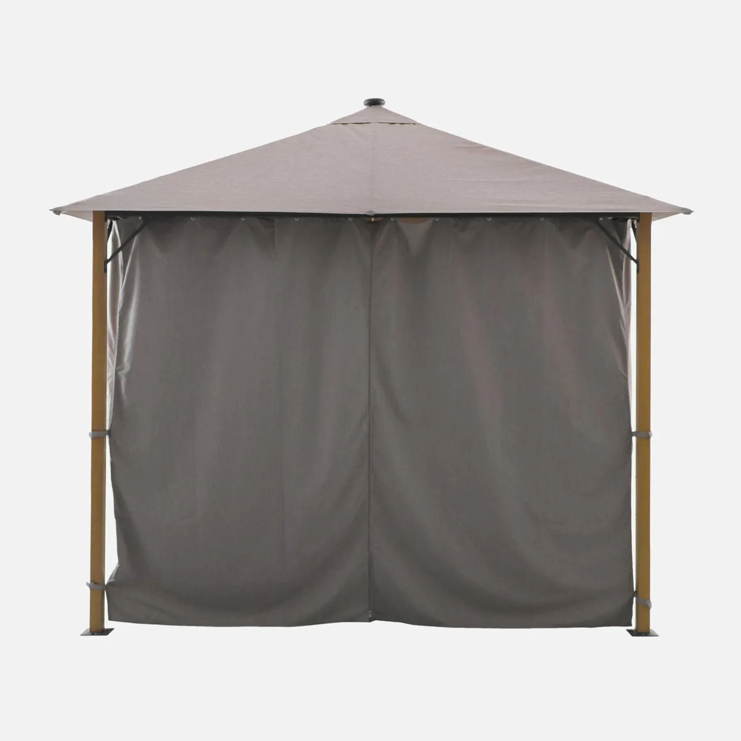 Aluminum gazebo 3x3m with wood effect, curtains, and LED