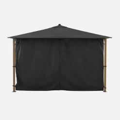 Aluminum gazebo 4x3m with wood effect, curtains, and LED