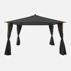 Aluminum gazebo 4x3m with wood effect, curtains, and LED