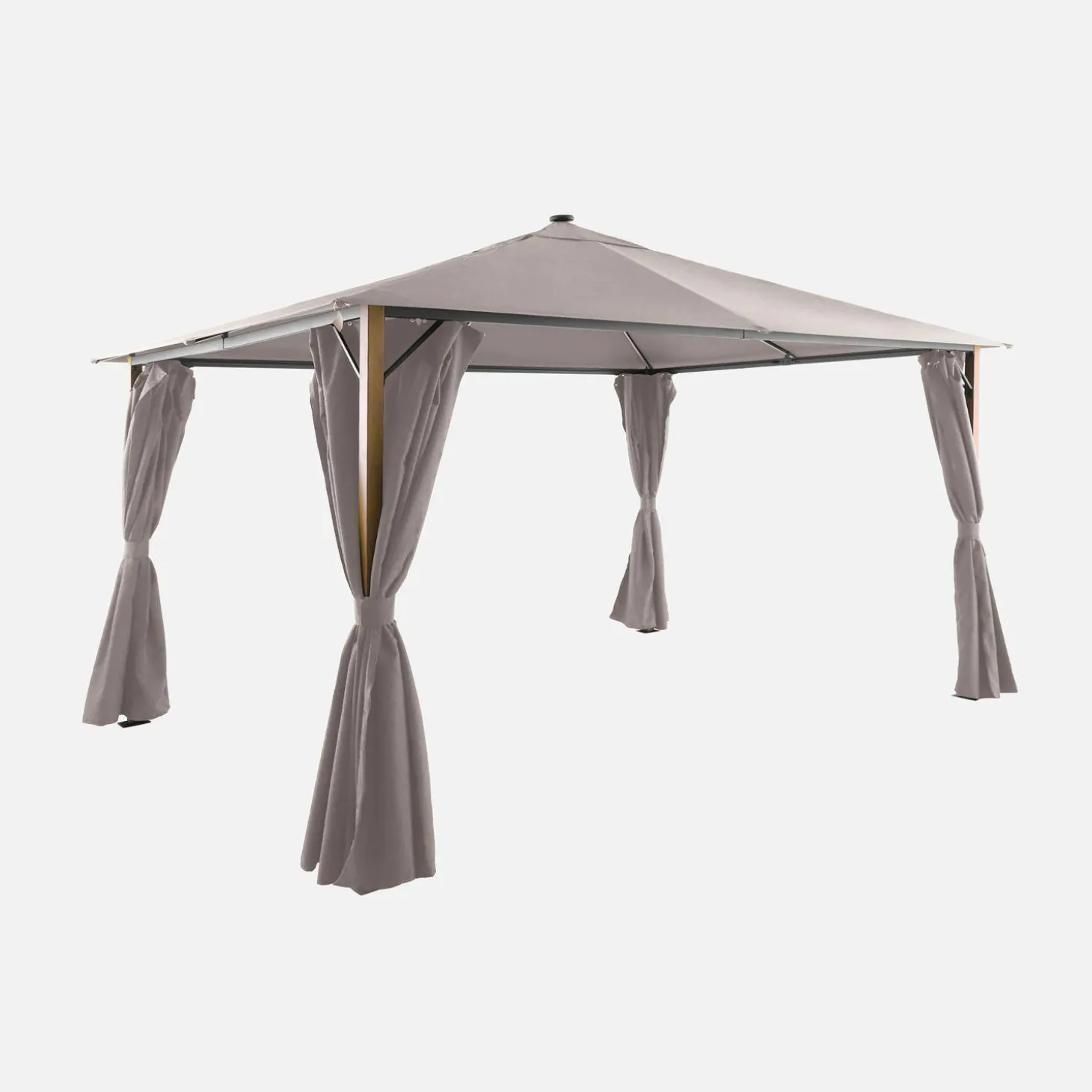 Aluminum gazebo 4x3m with wood effect, curtains, and LED