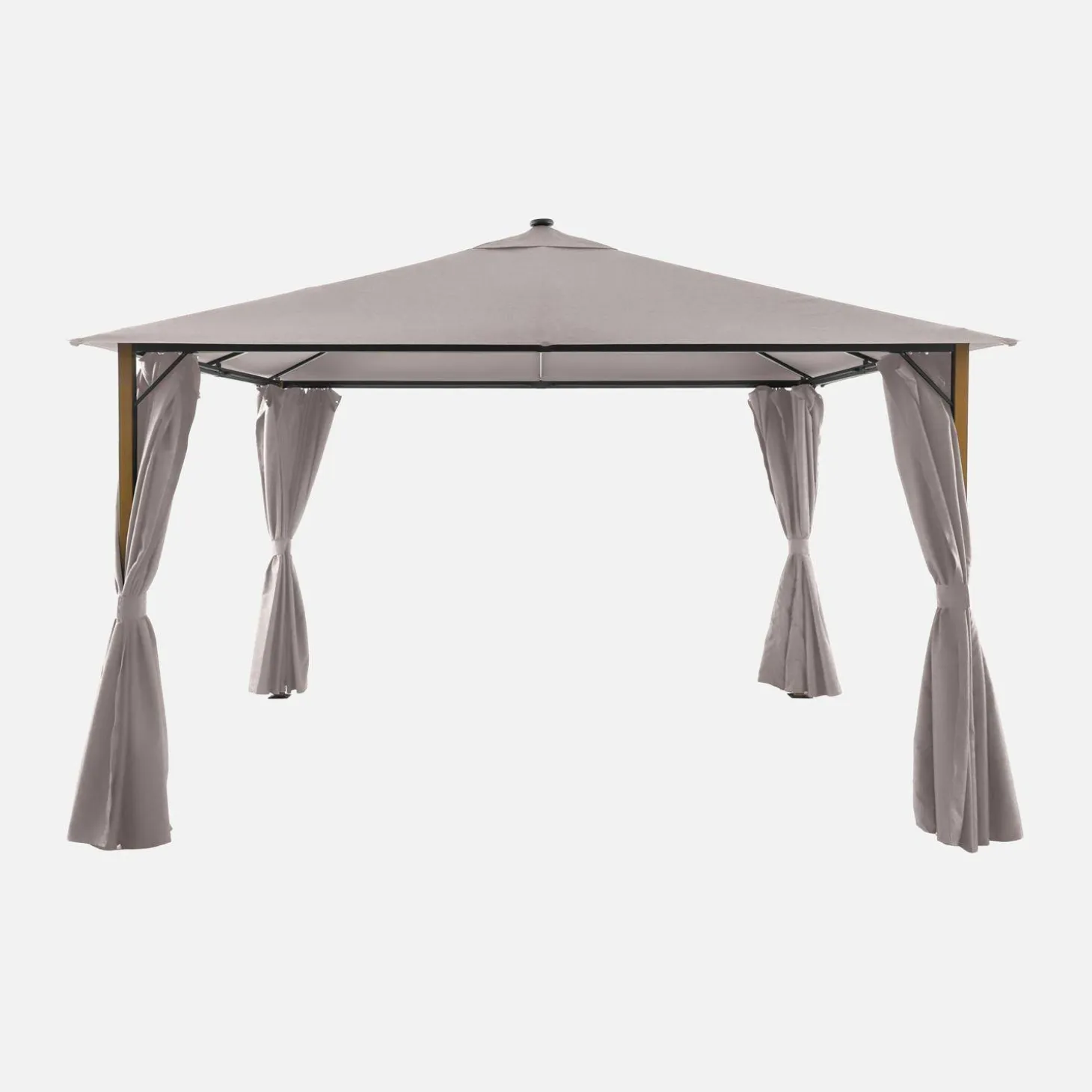 Aluminum gazebo 4x3m with wood effect, curtains, and LED