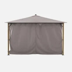 Aluminum gazebo 4x3m with wood effect, curtains, and LED