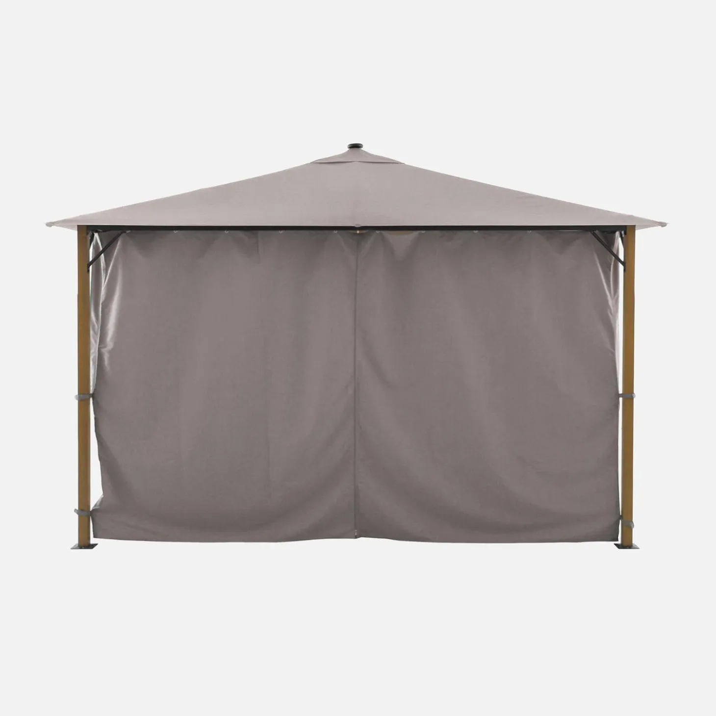 Aluminum gazebo 4x3m with wood effect, curtains, and LED