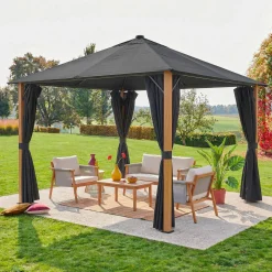 Aluminum gazebo 3x3m with wood effect, curtains, and LED