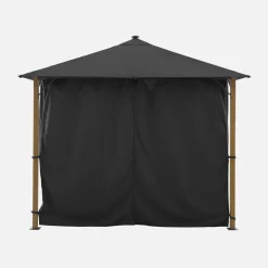 Aluminum gazebo 3x3m with wood effect, curtains, and LED