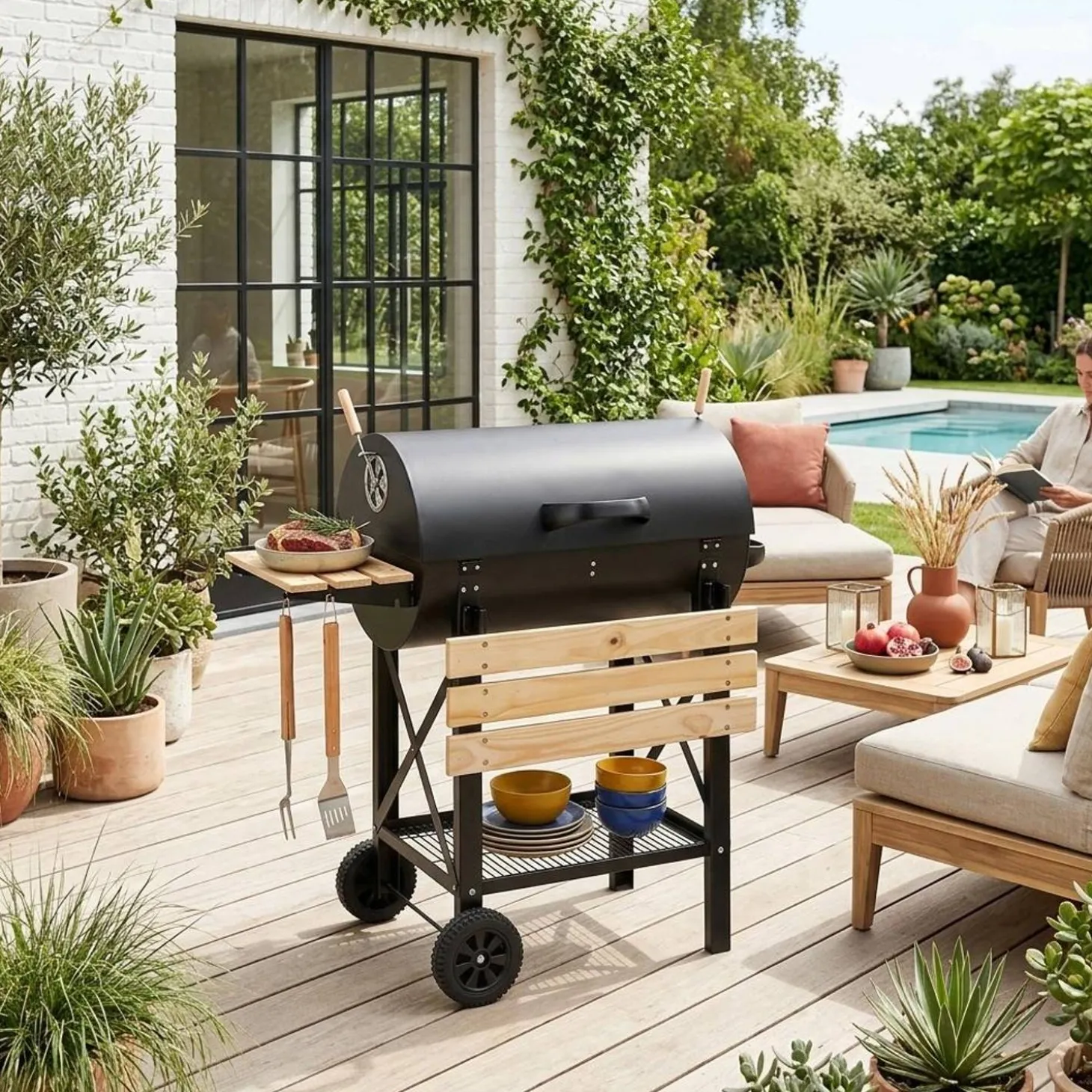 American-style charcoal smoker barbecue