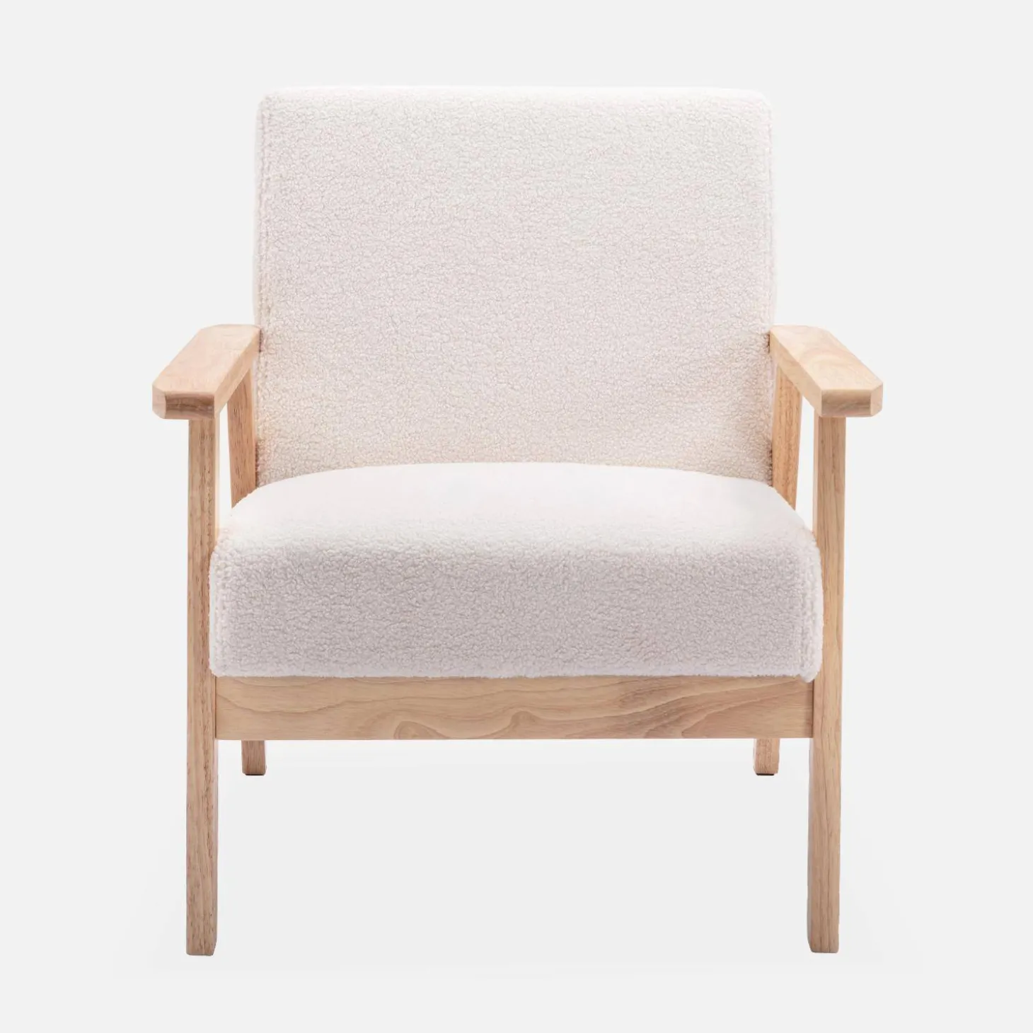 Armchair and love seat in boucle fabric and rubber wood