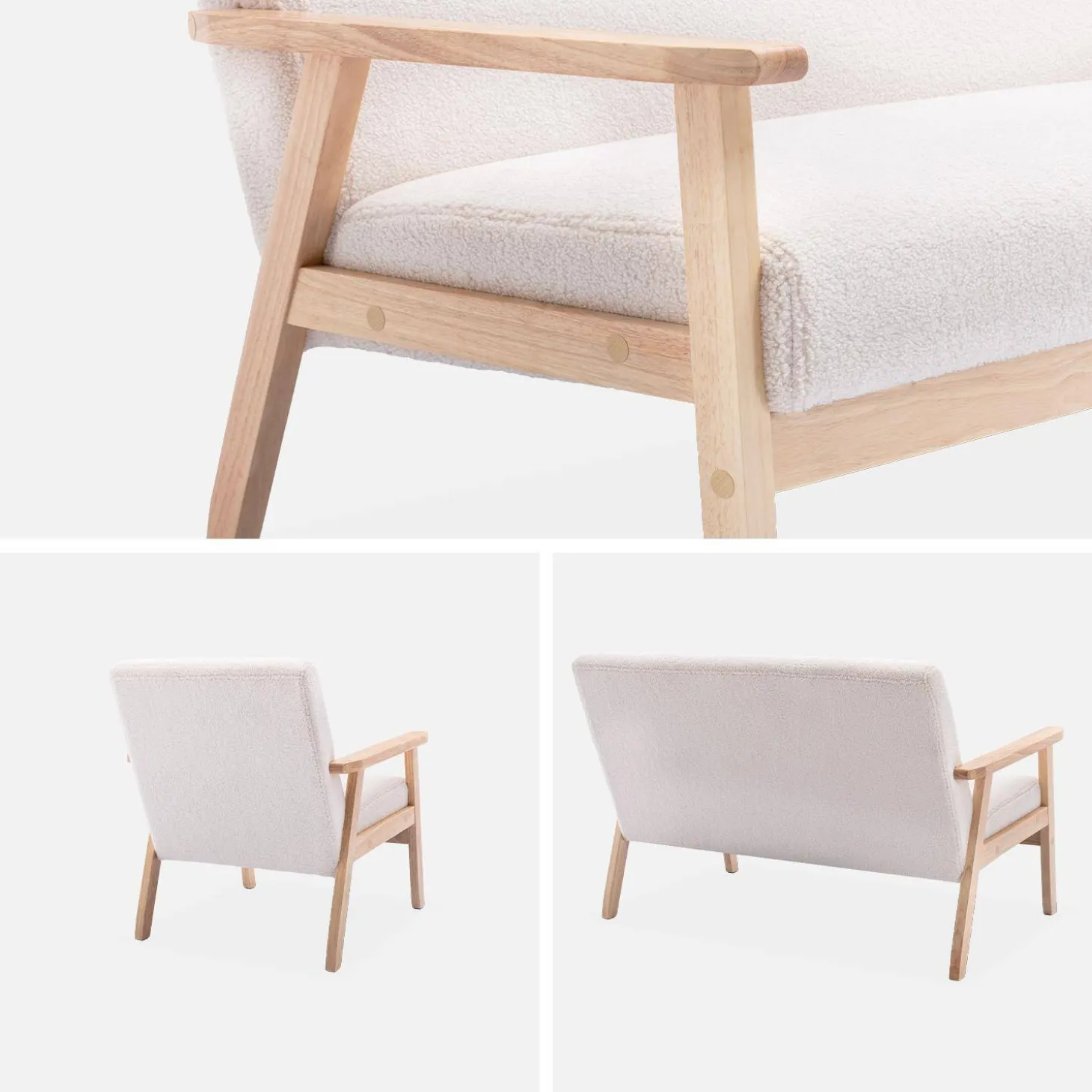 Armchair and love seat in boucle fabric and rubber wood