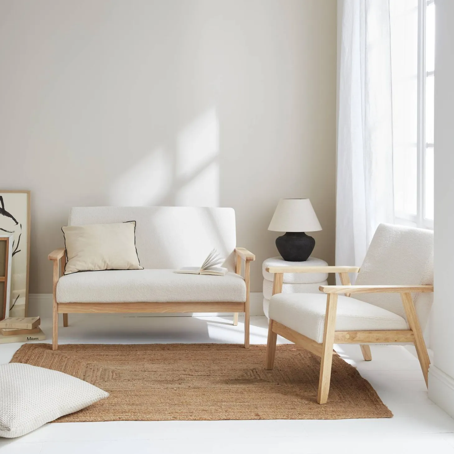 Armchair and love seat in boucle fabric and rubber wood