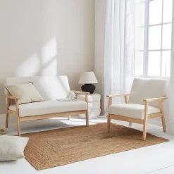 Armchair and love seat in boucle fabric and rubber wood