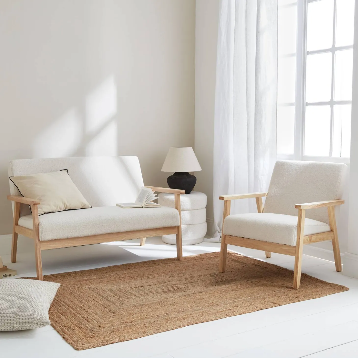 Armchair and love seat in boucle fabric and rubber wood
