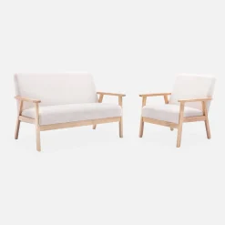 Armchair and love seat in boucle fabric and rubber wood