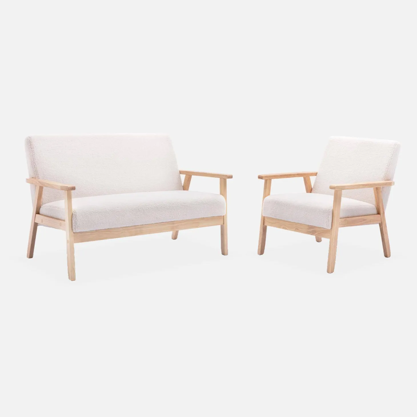 Armchair and love seat in boucle fabric and rubber wood