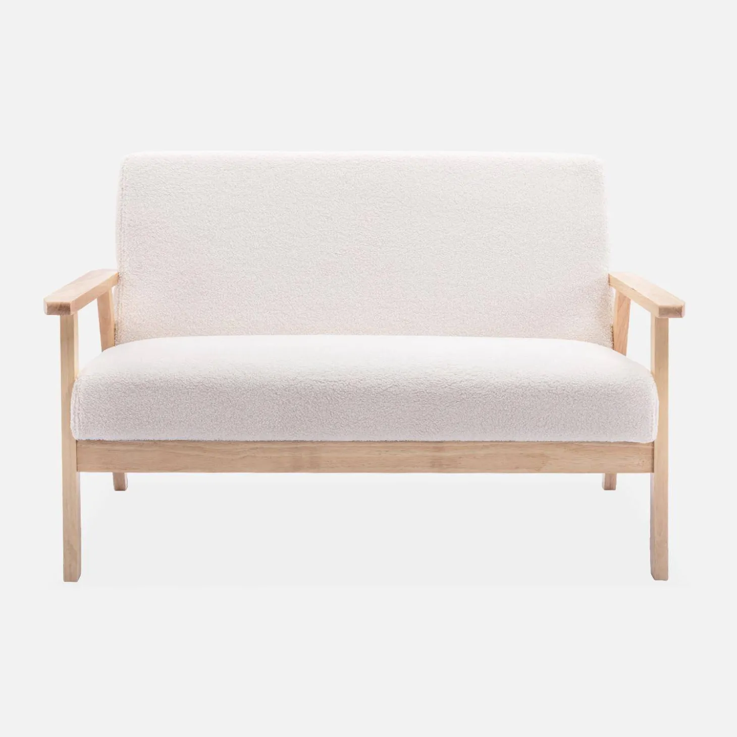 Armchair and love seat in boucle fabric and rubber wood