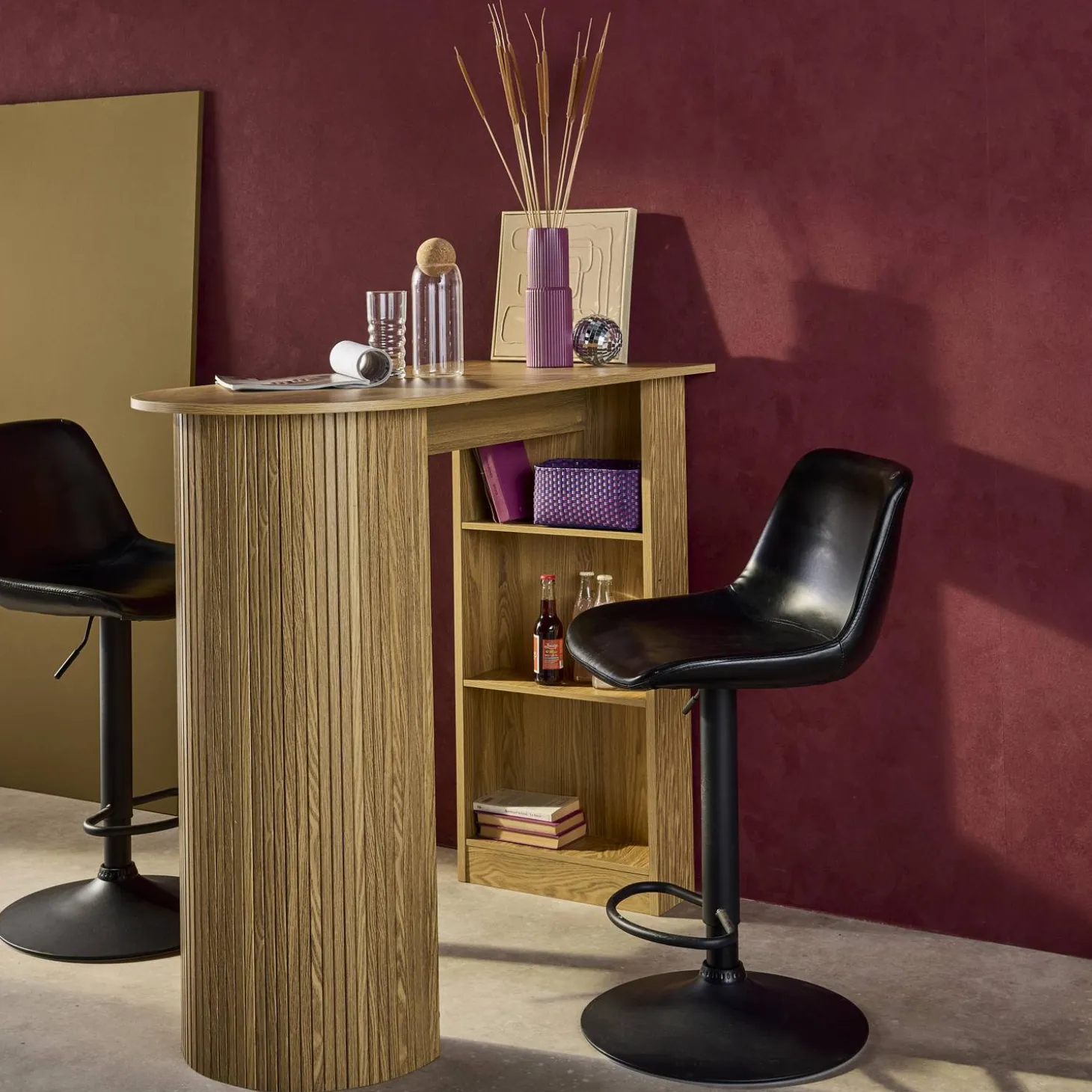 Bar table, high kitchen table with wooden decor and storage