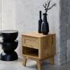 Bedside table with drawer and niche, wood effect and cane