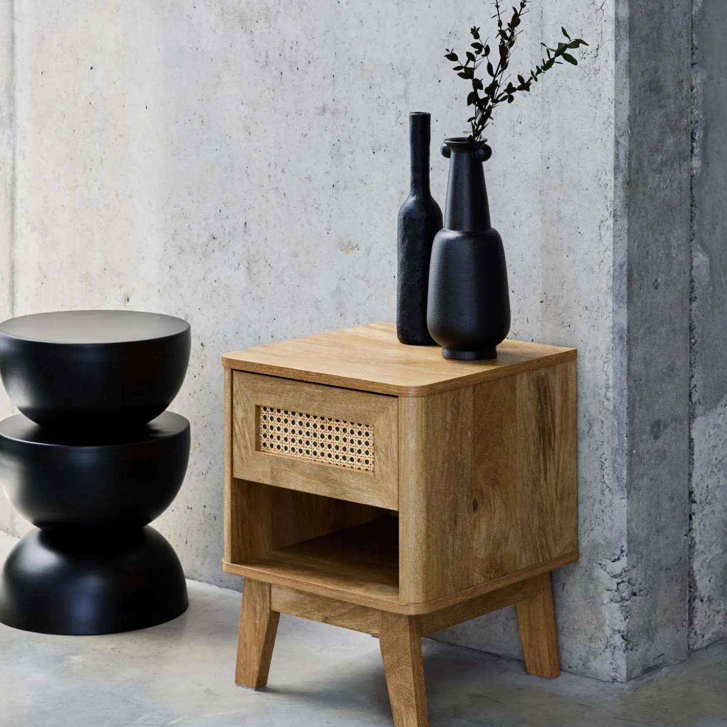Bedside table with drawer and niche, wood effect and cane
