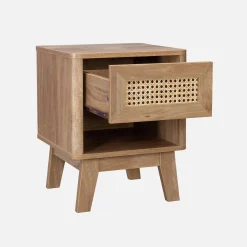 Bedside table with drawer and niche, wood effect and cane