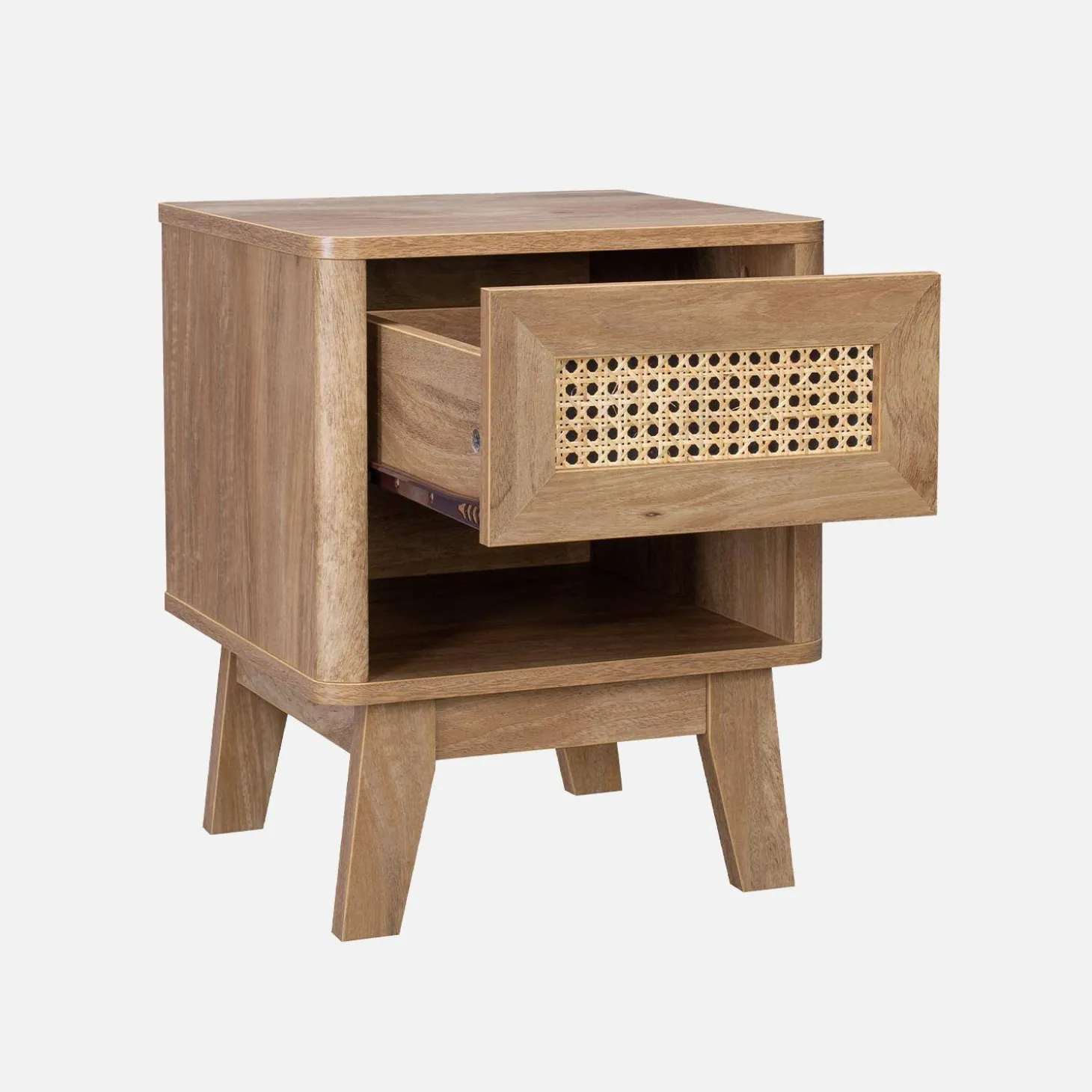Bedside table with drawer and niche, wood effect and cane