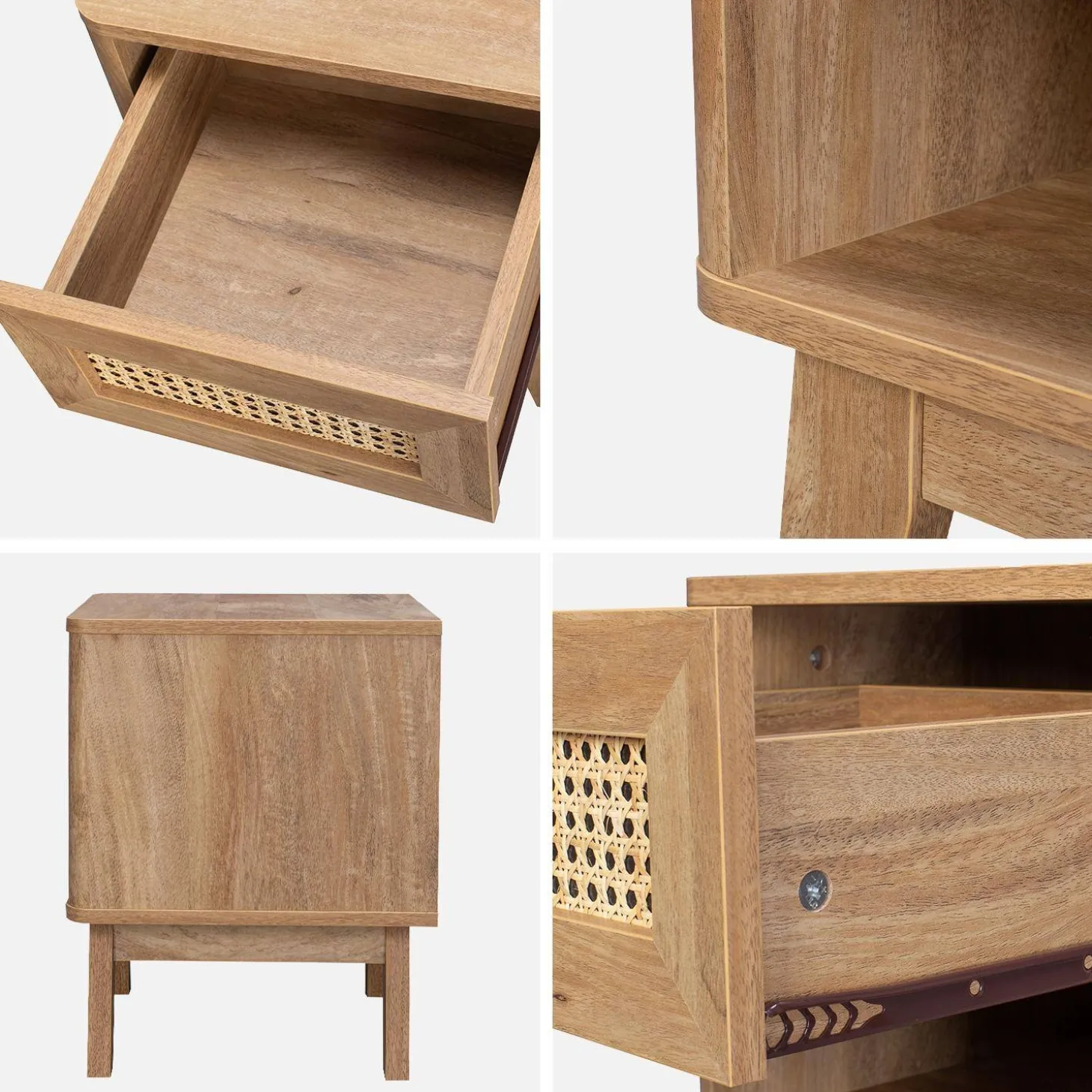 Bedside table with drawer and niche, wood effect and cane