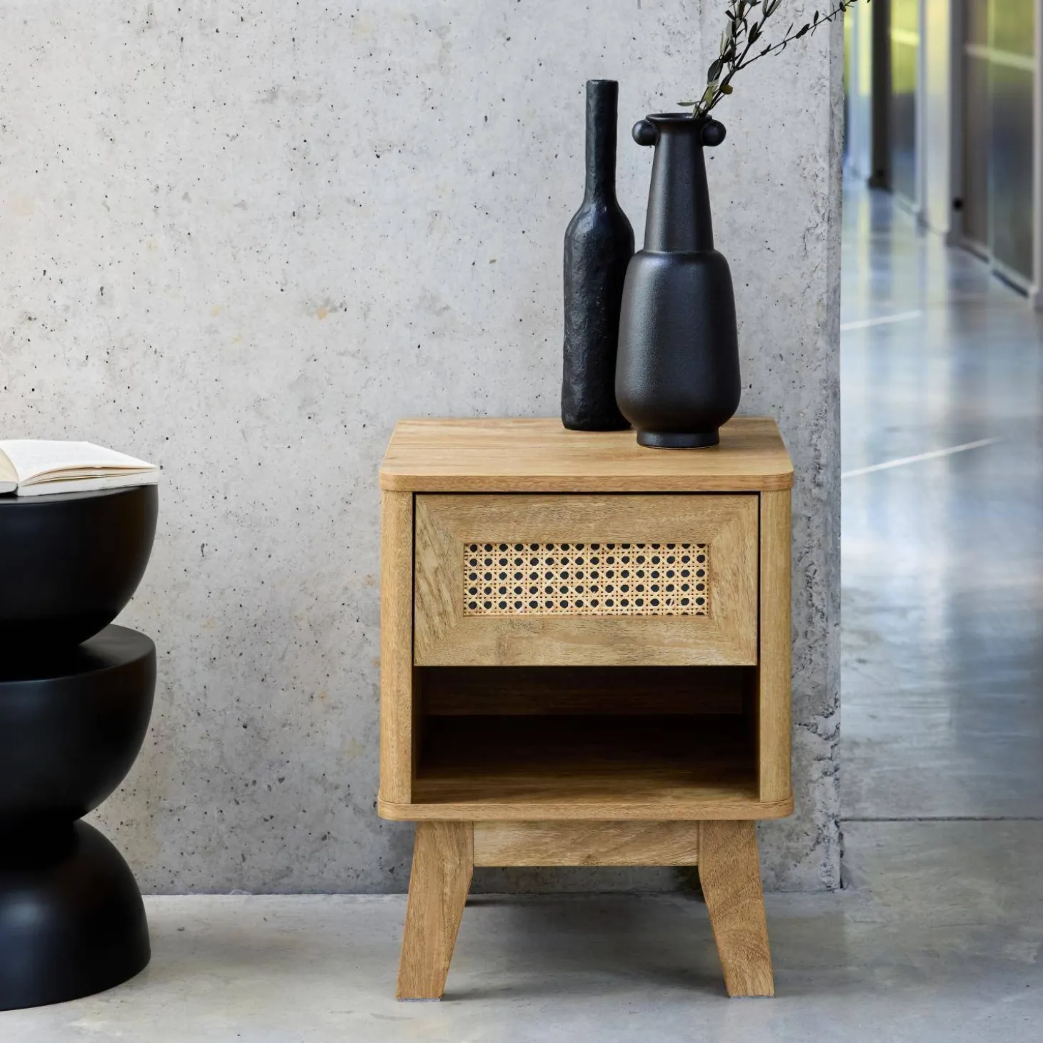 Bedside table with drawer and niche, wood effect and cane