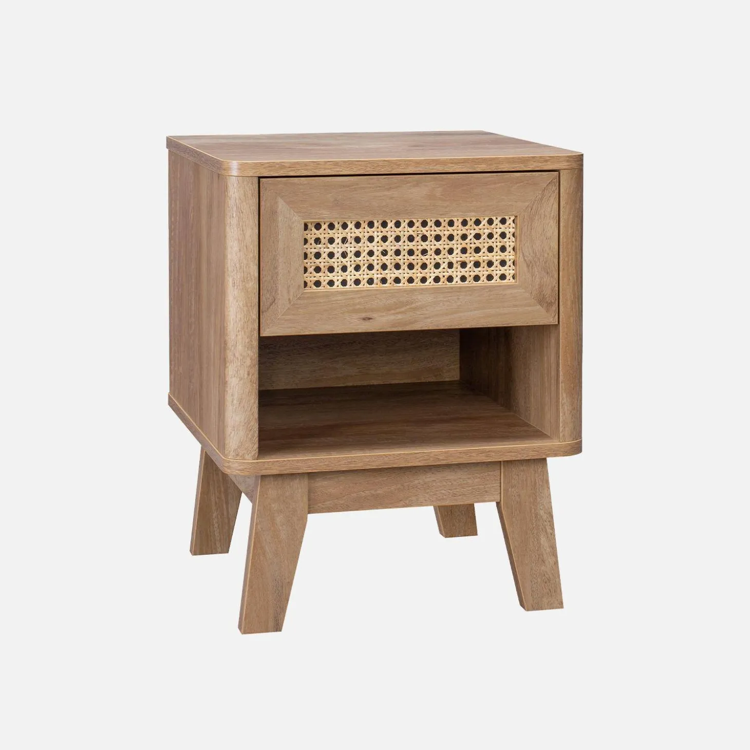 Bedside table with drawer and niche, wood effect and cane