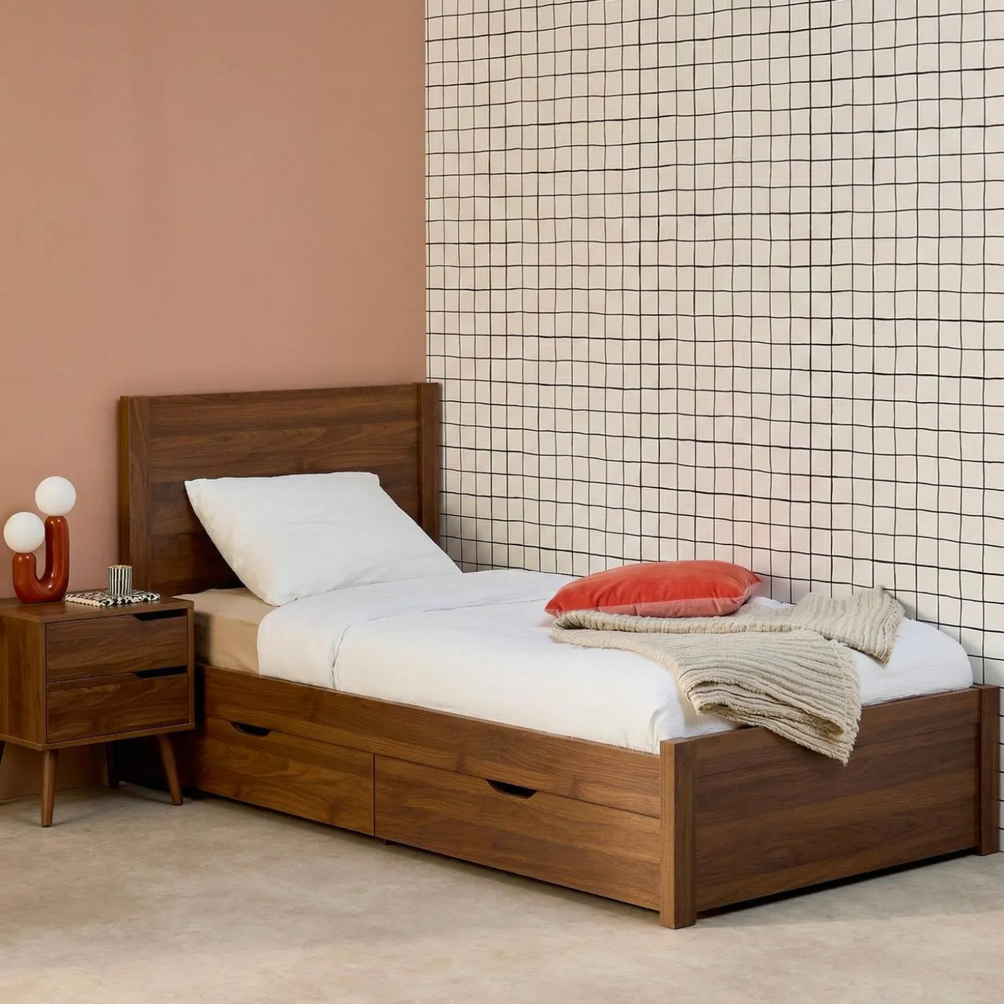 Bed with slatted base and headboard 90 x 190cm + 4 drawers wood decor