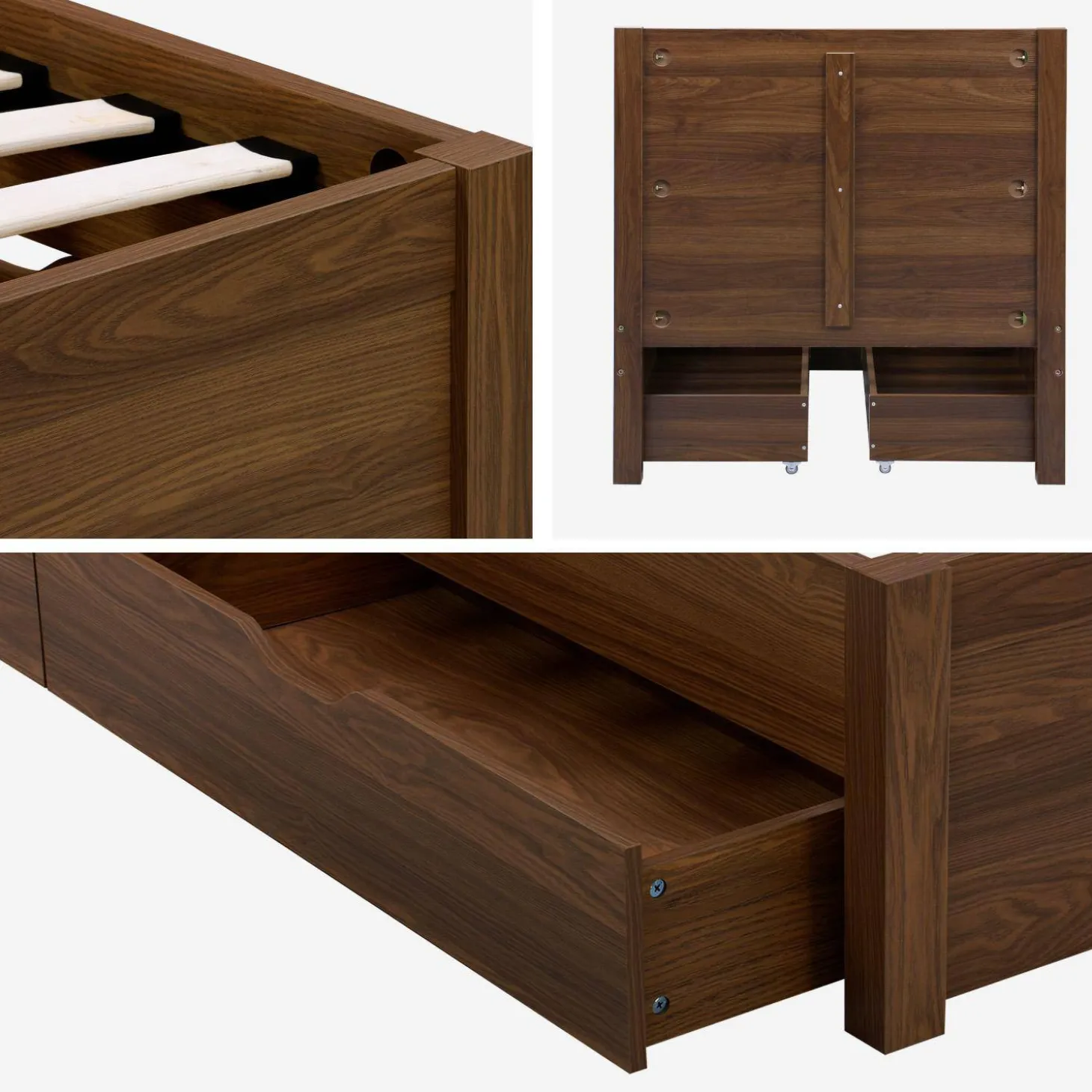 Bed with slatted base and headboard 90 x 190cm + 4 drawers wood decor