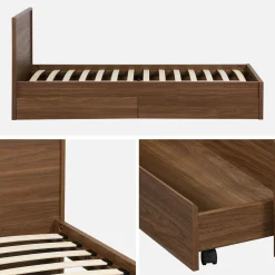 Bed with slatted base and headboard 90 x 190cm + 2 drawers wood decor