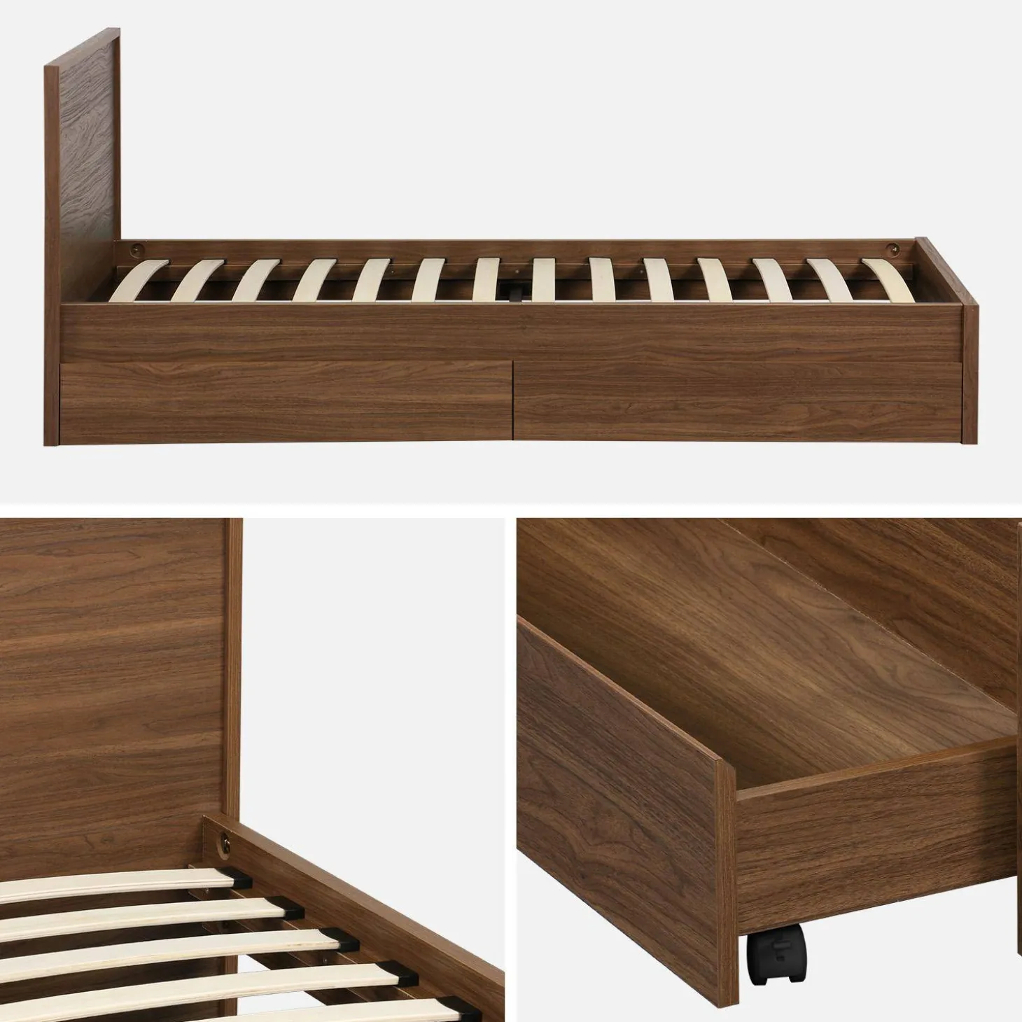 Bed with slatted base and headboard 90 x 190cm + 2 drawers wood decor