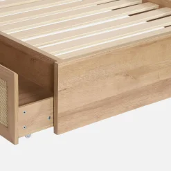 Bed with slatted base and headboard 90 x 190cm + 2 drawers with wood and cane rattan