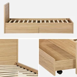 Bed with slatted base and headboard 90 x 190cm + 2 drawers wood decor