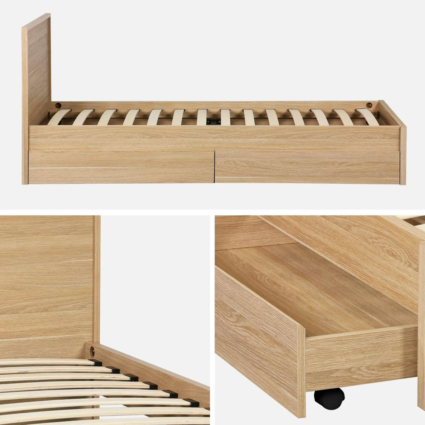 Bed with slatted base and headboard 90 x 190cm + 2 drawers wood decor
