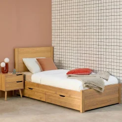 Bed with slatted base and headboard 90 x 190cm + 4 drawers wood decor