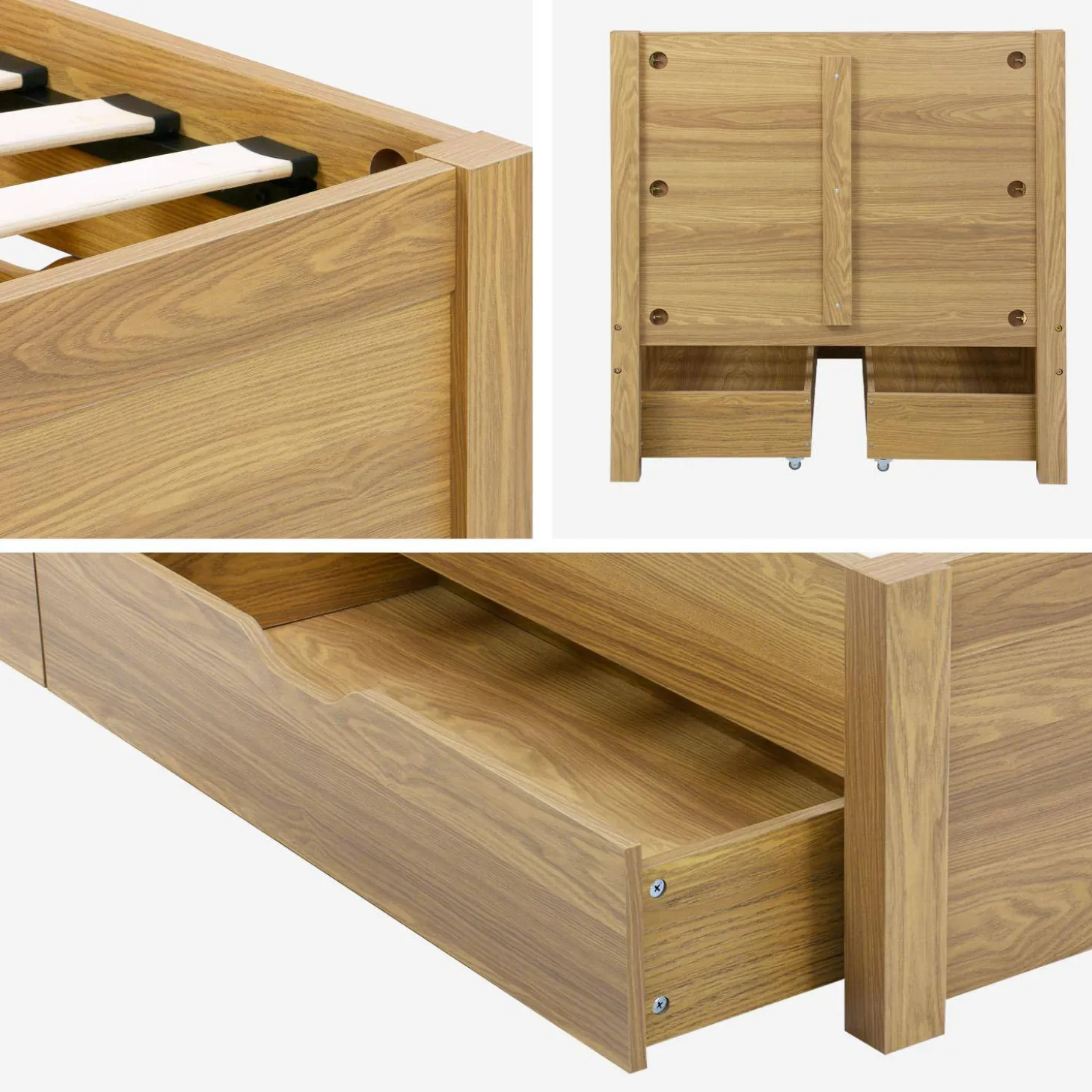 Bed with slatted base and headboard 90 x 190cm + 4 drawers wood decor
