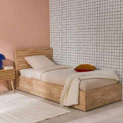 Bed with storage slatted base and headboard 90x190cm wood decor