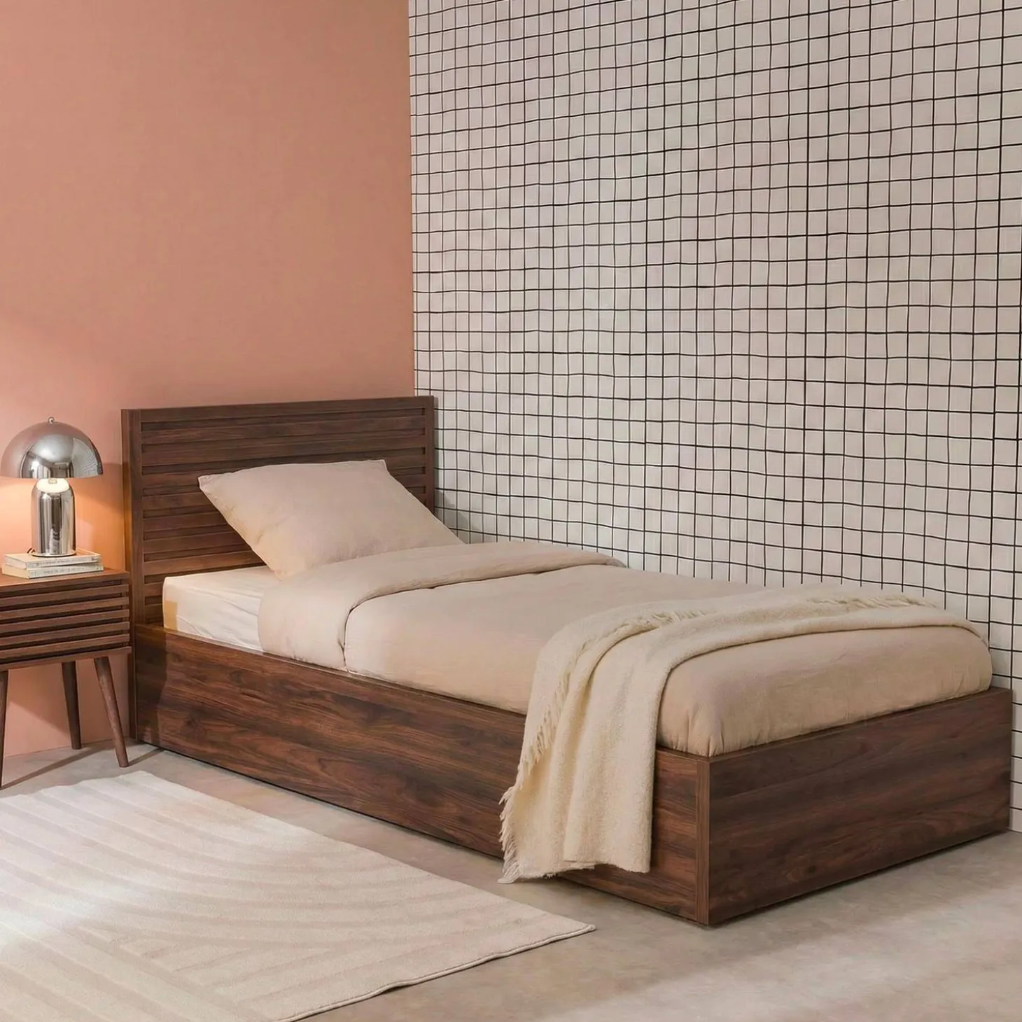 Bed with storage slatted base and headboard 90x190cm wood decor