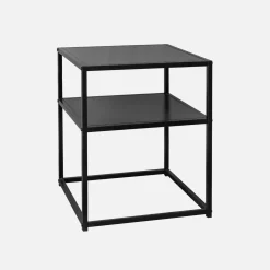 Black metal bedside table with shelf