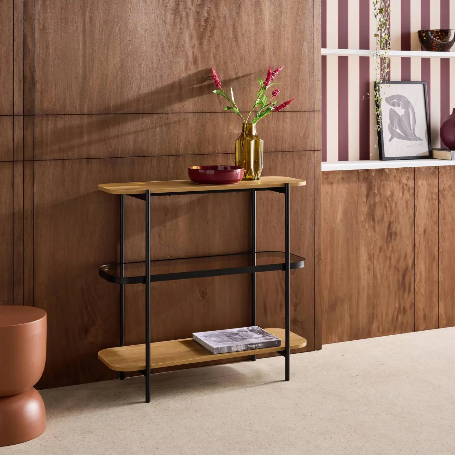 Bookshelf, glass, wood decor and metal, 3 levels