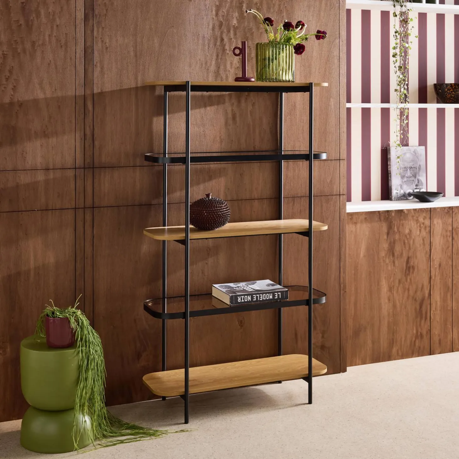 Bookshelf, glass, wood decor and metal, 5 levels